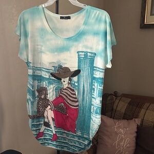 Stylish Graphic Women Top - Blue and Red